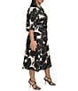 Donna Karan Plus Size Collar Neck Elbow Sleeve Belted A-Line Cotton Sateen Midi Dress, Color:Black/Parchment - Image 3