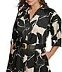 Donna Karan Plus Size Collar Neck Elbow Sleeve Belted A-Line Cotton Sateen Midi Dress, Color:Black/Parchment - Image 5