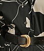 Donna Karan Plus Size Collar Neck Elbow Sleeve Belted A-Line Cotton Sateen Midi Dress, Color:Black/Parchment - Image 6
