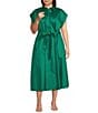 Donna Karan Plus Size Cotton Sateen Collared Neck Short Sleeve Tie Sash Belt Midi Shirt Dress, Color:Lawn - Image 1