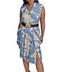 Donna Karan Plus Size Dot Crepe V-Neck Sleeveless Belted Sheath Midi Dress, Color:Cielo Cream - Image 4