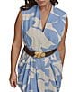 Donna Karan Plus Size Dot Crepe V-Neck Sleeveless Belted Sheath Midi Dress, Color:Cielo Cream - Image 5