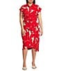 Donna Karan Plus Size Floral Print Short Sleeve Crepe Shirt Dress, Color:Geranium - Image 1