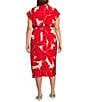 Donna Karan Plus Size Floral Print Short Sleeve Crepe Shirt Dress, Color:Geranium - Image 2