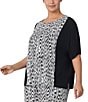 Color:Black Print - Image 3 - Plus Size Knit Textured Ikat Print Short Sleeve Coordinating Lounge Top