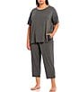 Color:Heather Charcoal - Image 3 - Plus Size Solid Basic Jersey Knit Drawstring Coordinating Cropped Sleep Pants