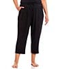 Color:Black - Image 1 - Plus Size Solid Basic Jersey Knit Drawstring Coordinating Cropped Sleep Pants