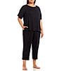 Color:Black - Image 3 - Plus Size Solid Drop Shoulder Short Sleeve Crew Neck Knit Coordinating Sleep Top