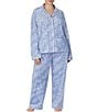 Color:Blue Print - Image 1 - Plus Size Stretch Velour Texture Print Long Sleeve Notch Collar Pajama Set