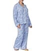 Color:Blue Print - Image 3 - Plus Size Stretch Velour Texture Print Long Sleeve Notch Collar Pajama Set