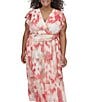 Donna Karan Plus Size V-Neck Flutter Sleeve Tiered A Line Dress, Color:Coral Multi - Image 4