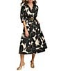 Donna Karan Printed 3/4 Sleeve Notch Collar Belted Side Pocket A-Line Midi Dress, Color:Black/Parchm - Image 1