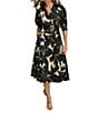 Donna Karan Printed 3/4 Sleeve Notch Collar Belted Side Pocket A-Line Midi Dress, Color:Black/Parchm - Image 3