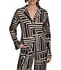 Donna Karan Coordinating Printed Satin Back Crape Notch Collar Long Sleeve Button Front Shirt, Color:Black/Sand - Image 1