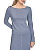 Donna Karan Ribbed Wool Blend Boat Neck Long Sleeve Button Embellished Top, Color:Tempest - Image 1