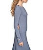 Donna Karan Ribbed Wool Blend Boat Neck Long Sleeve Button Embellished Top, Color:Tempest - Image 3