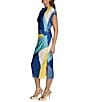 Donna Karan Short Sleeve Boat Neck Abstract Print Color Block Scuba Midi Sheath Dress, Color:Cosmo Multi - Image 3
