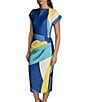 Donna Karan Short Sleeve Boat Neck Abstract Print Color Block Scuba Midi Sheath Dress, Color:Cosmo Multi - Image 4
