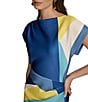 Donna Karan Short Sleeve Boat Neck Abstract Print Color Block Scuba Midi Sheath Dress, Color:Cosmo Multi - Image 5