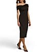 Color:Black - Image 3 - Short Sleeve Off-The-Shoulder Midi Scuba Sheath Dress