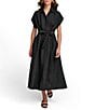Color:Black - Image 1 - Short Sleeve Point Collar Tie Waist Linen Blend Midi A-Line Dress