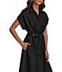Color:Black - Image 4 - Short Sleeve Point Collar Tie Waist Linen Midi A-Line Dress