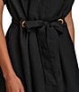 Color:Black - Image 5 - Short Sleeve Point Collar Tie Waist Linen Blend Midi A-Line Dress