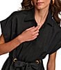 Color:Black - Image 6 - Short Sleeve Point Collar Tie Waist Linen Blend Midi A-Line Dress