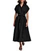 Donna Karan Short Sleeve Point Collar Tie Waist Linen Blend Midi A-Line Dress, Color:Black - Image 1