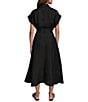 Donna Karan Short Sleeve Point Collar Tie Waist Linen Blend Midi A-Line Dress, Color:Black - Image 2