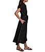 Donna Karan Short Sleeve Point Collar Tie Waist Linen Blend Midi A-Line Dress, Color:Black - Image 3
