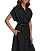 Donna Karan Short Sleeve Point Collar Tie Waist Linen Blend Midi A-Line Dress, Color:Black - Image 4