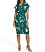 Color:Lawn/Green - Image 1 - Short Sleeve Point Collar Tie Waist Printed Button Down Knee Length Dress