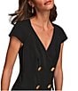 Color:Black - Image 4 - Short Sleeve V-Neck Button Front Crepe Dress
