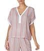 Color:Pink Stripe - Image 1 - Short Sleeve V-Neck Woven Striped Coordinating Sleep Top