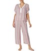 Color:Pink Stripe - Image 3 - Short Sleeve V-Neck Woven Striped Coordinating Sleep Top