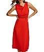 Color:Sunset - Image 3 - Sleeveless Asymmetrical Neck Belted A-Line Midi Dress