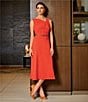 Color:Sunset - Image 6 - Sleeveless Asymmetrical Neck Belted A-Line Midi Dress