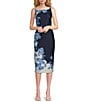 Donna Karan Sleeveless Boat Neck Floral Scuba Midi Sheath Dress, Color:Nightfall - Image 1