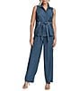 Donna Karan Sleeveless Button Front Tie Waist Top, Color:Tide Navy - Image 3
