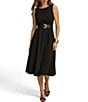 Color:Black - Image 1 - Sleeveless Crew Neck Belted Crepe Fit And Flare Midi Dress