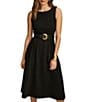 Color:Black - Image 4 - Sleeveless Crew Neck Belted Crepe Fit And Flare Midi Dress