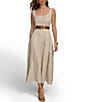 Color:Natural - Image 1 - Sleeveless Square Neck Belted Midi Linen Blend Sheath Dress