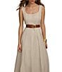 Color:Natural - Image 3 - Sleeveless Square Neck Belted Midi Linen Blend Sheath Dress