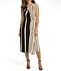Color:Black/Parchment - Image 1 - Sleeveless V-Neck Striped Faux Wrap Midi Dress