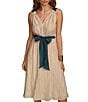 Color:Sand/Tide - Image 4 - Sleeveless V-Neck Tie Waist Crinkle Gauze Dress