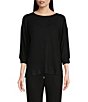 Color:Black - Image 1 - Solid 3/4 Sleeve Round Neck Knit Coordinating Sleep Top