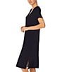 Color:Black - Image 2 - Solid Knit V-Neck Short Sleeve Slit Hem Nightgown