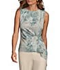 Color:Frost Blue Combo - Image 1 - Textured Crepe Jersey Printed Crew Neck Sleeveless Hardware Side Drape Top