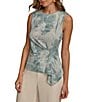 Color:Frost Blue Combo - Image 4 - Textured Crepe Jersey Printed Crew Neck Sleeveless Hardware Side Drape Top